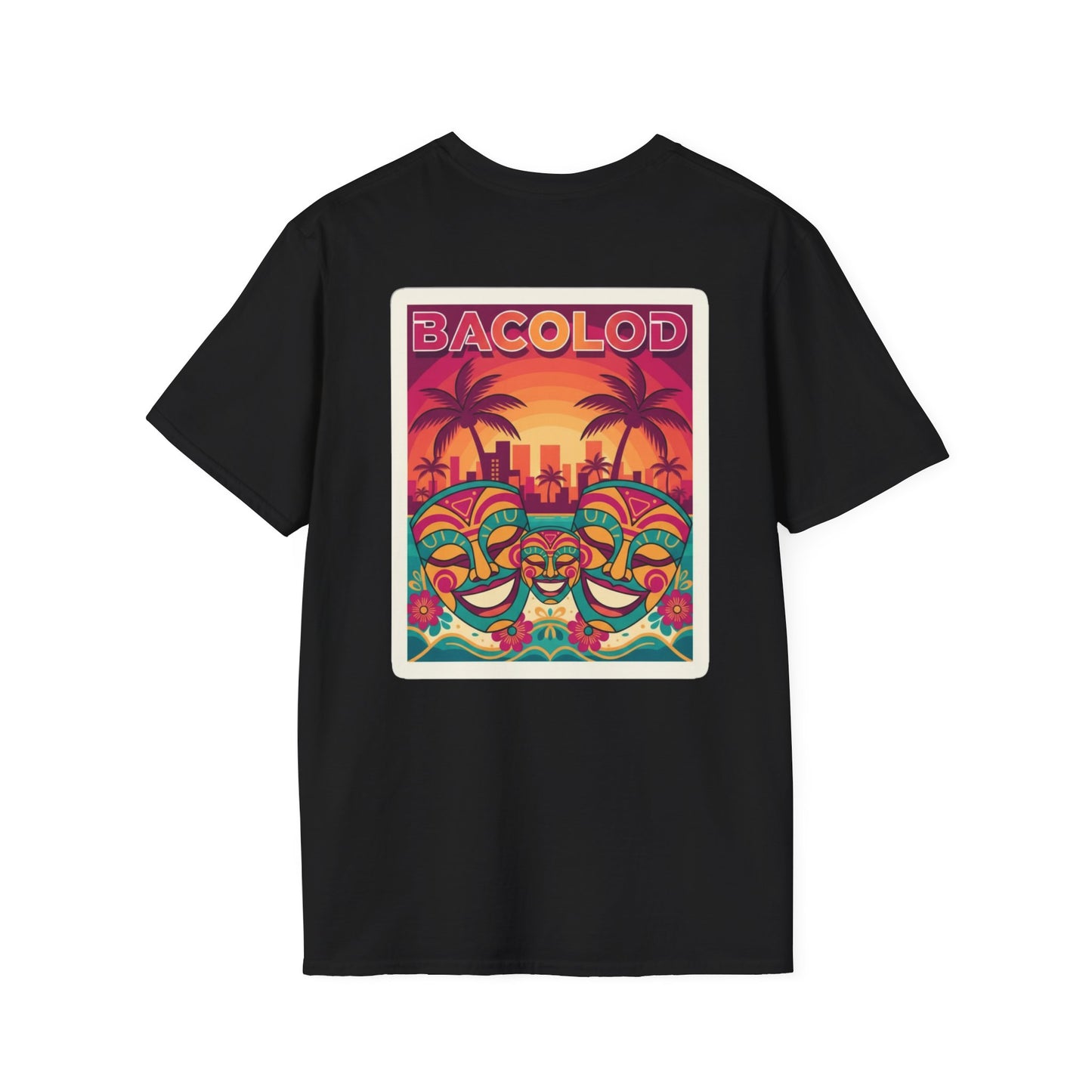 Bacolod Sunset Festival T-Shirt — Colorful Masks & Palm Skyline