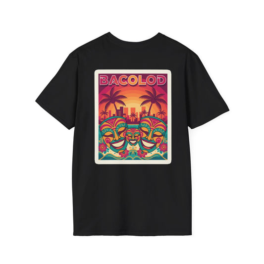 Bacolod Sunset Festival T-Shirt — Colorful Masks & Palm Skyline