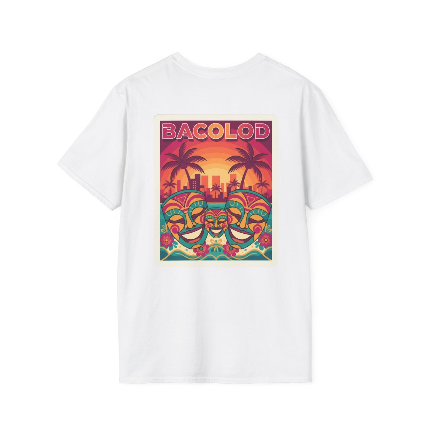 Bacolod Sunset Festival T-Shirt — Colorful Masks & Palm Skyline