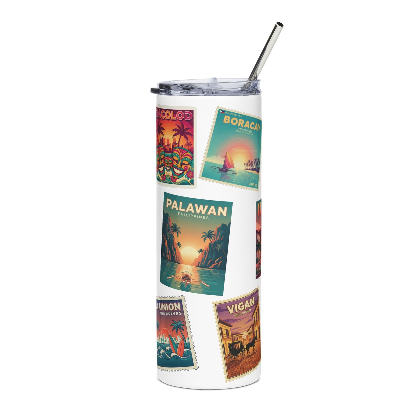 Travel Poster Stainless Steel Tumbler — Retro Philippines Destinations (20oz)