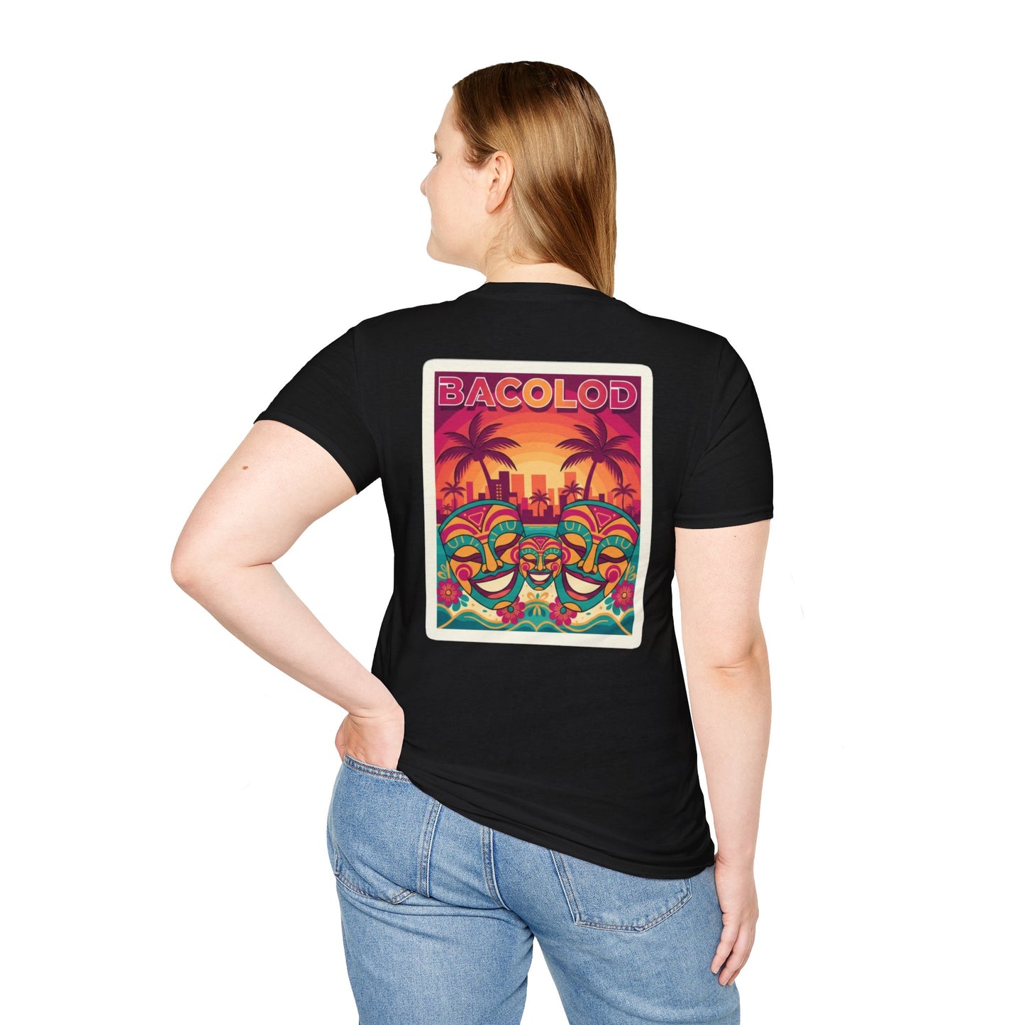 Bacolod Sunset Festival T-Shirt — Colorful Masks & Palm Skyline