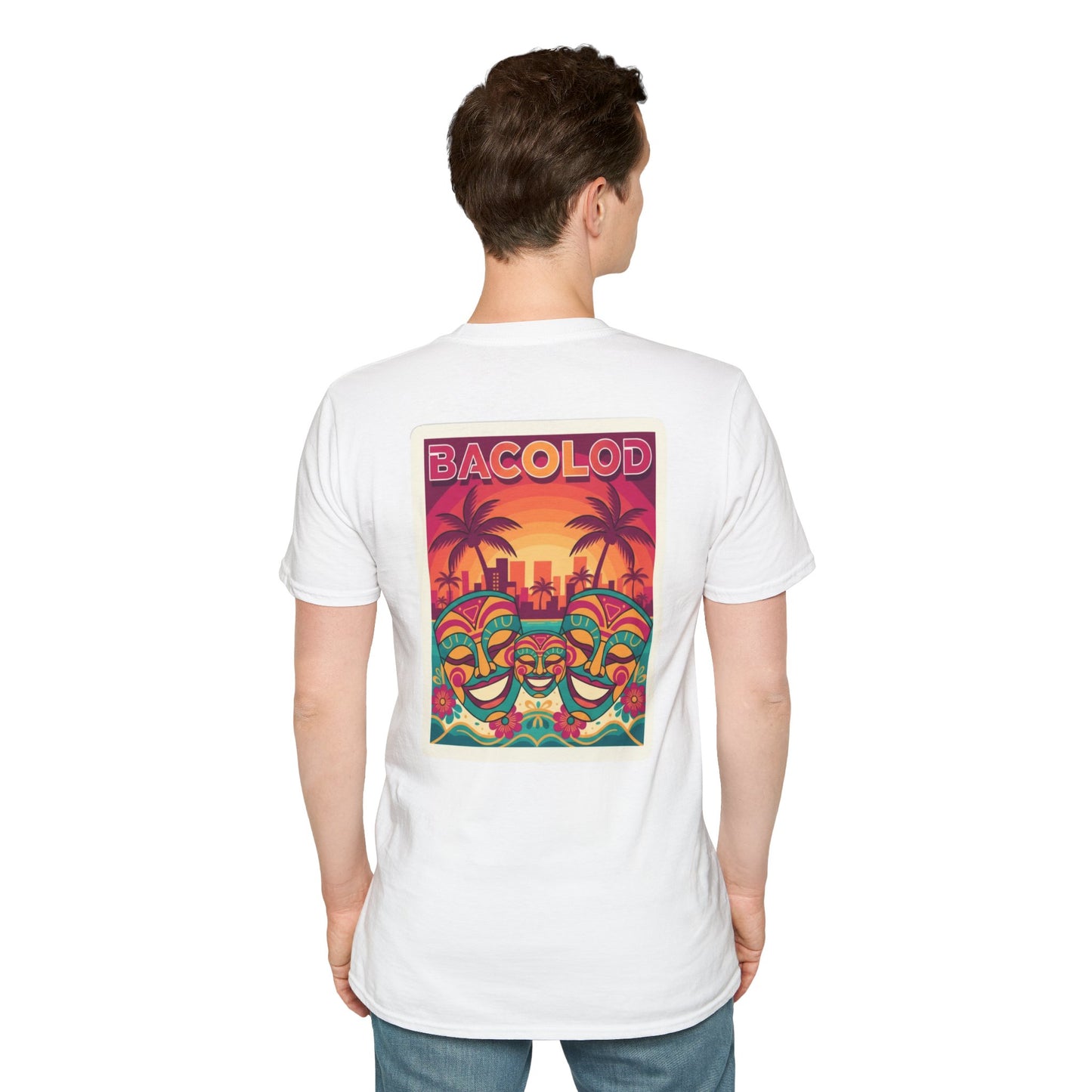 Bacolod Sunset Festival T-Shirt — Colorful Masks & Palm Skyline