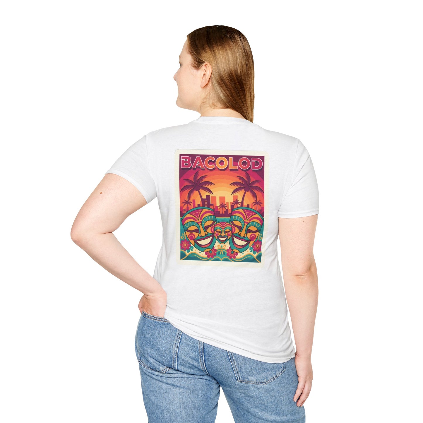 Bacolod Sunset Festival T-Shirt — Colorful Masks & Palm Skyline