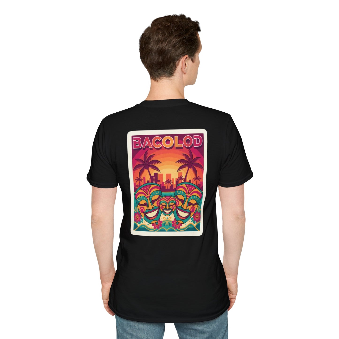 Bacolod Sunset Festival T-Shirt — Colorful Masks & Palm Skyline